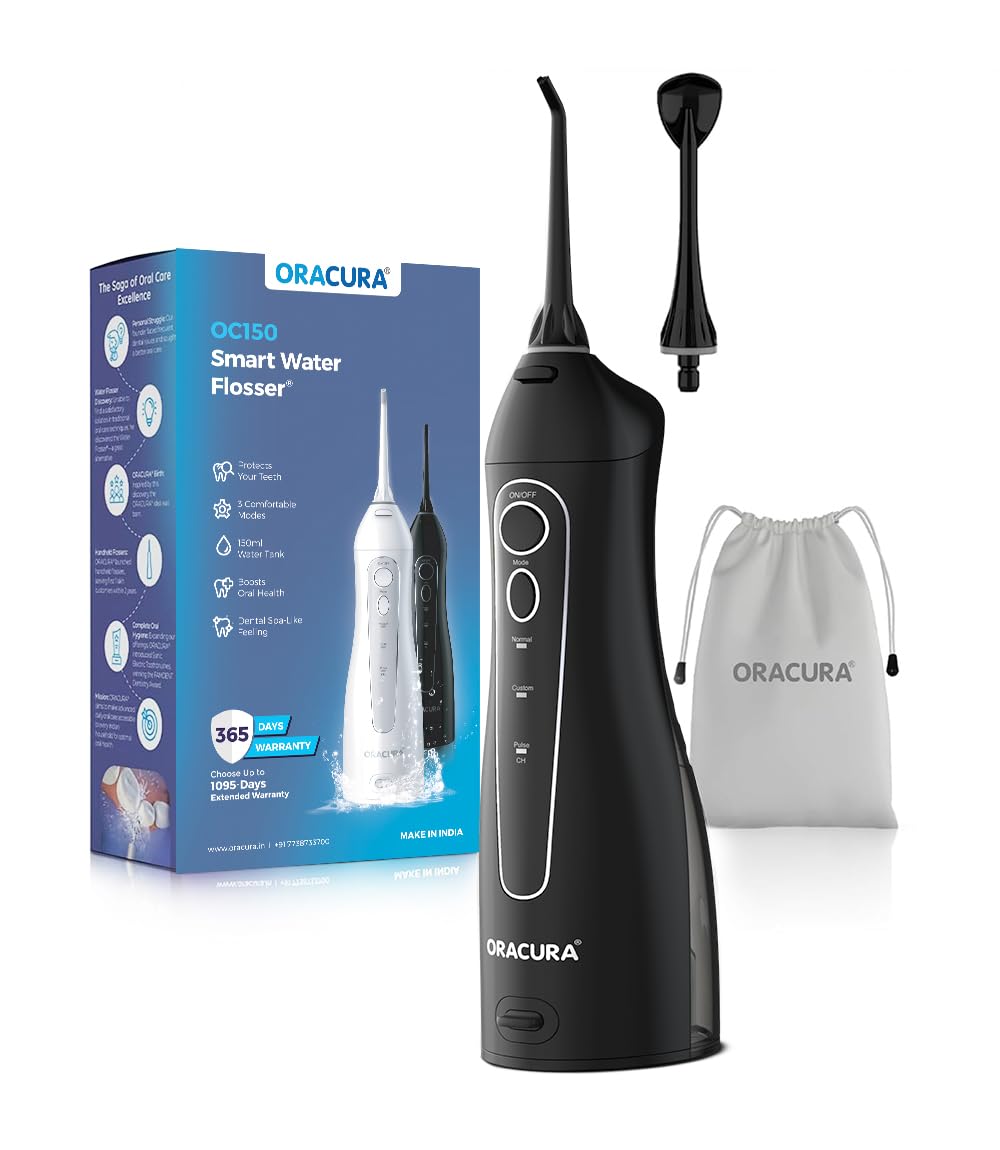 ORACURA® Smart Water Flosser® OC150 LITE with 150ml water tank capacity Black | Portable & Rechargeable | IPX7 Waterproof | 3 Modes & 8 Adjustable Water Pressure Settings | Flossing at Home and Travel | 365 Days Warranty