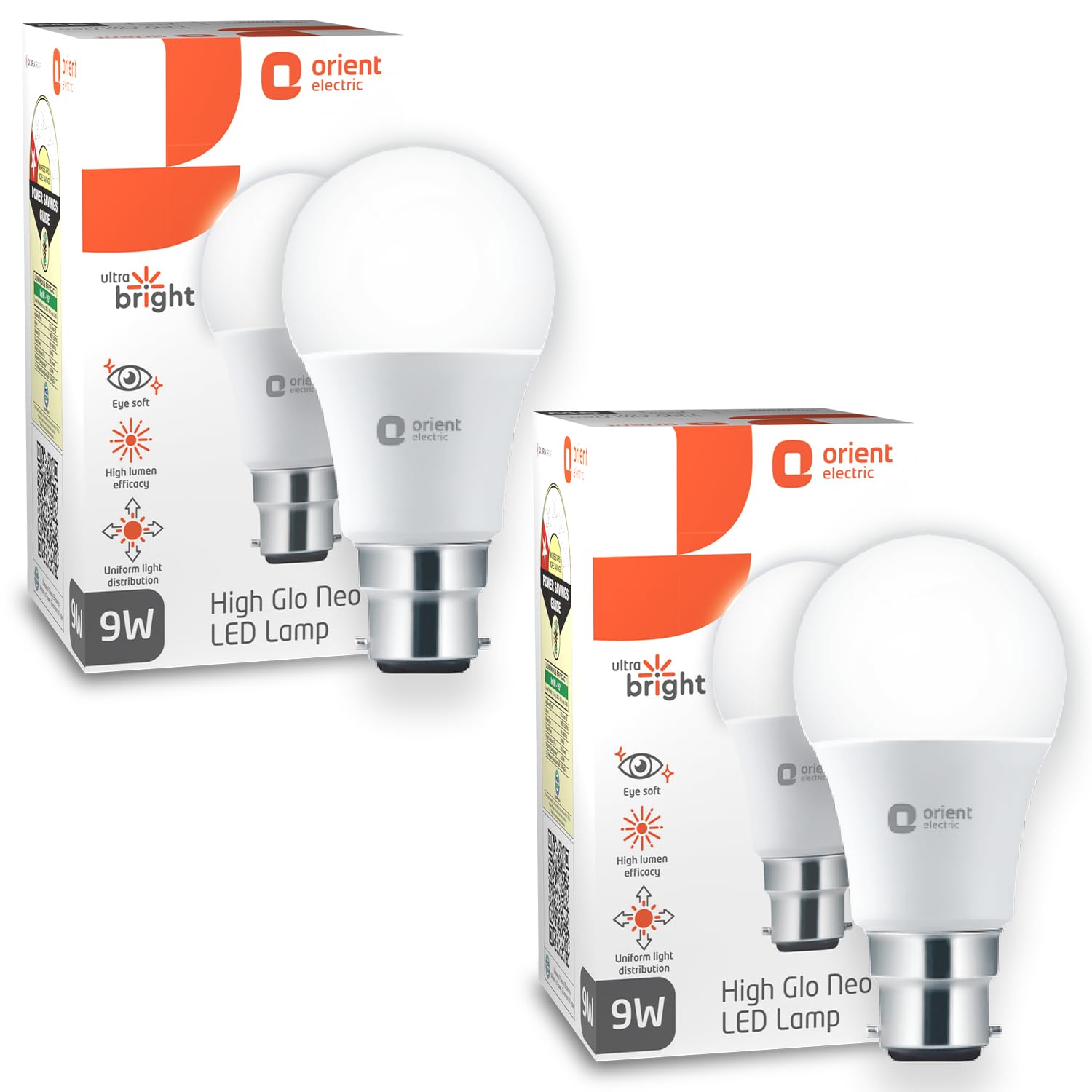Orient Electric 9W High Glow LED bulb| Pack of 2 |180-degree wide beam angle| Voltage surge protection up to 4 kV| 6500K, Cool White| B22d base| Made in India