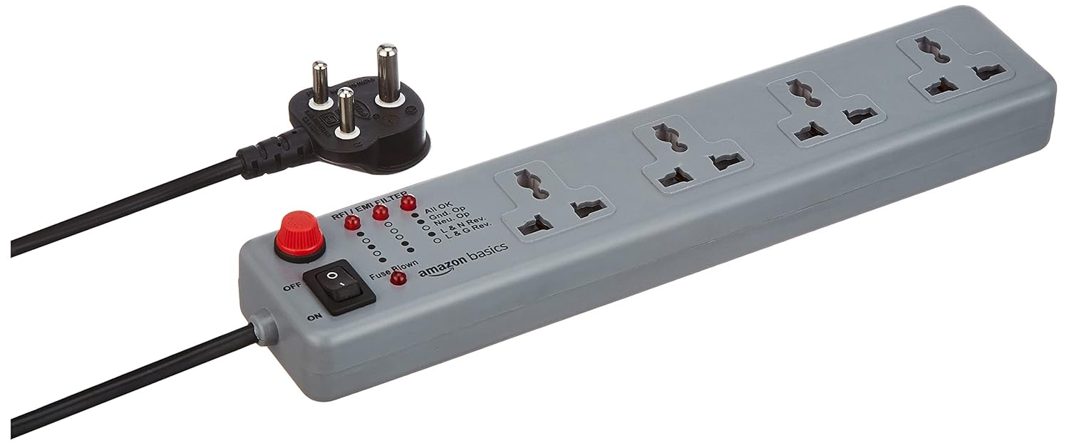 amazon basics Spike Guard with 4 Universal Sockets, 6A, 1.5m ISI Certified cable, Master Switch, 240 volts (Grey)