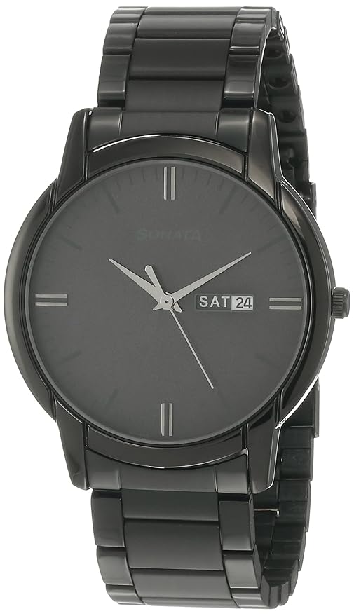 Sonata Reloaded Quartz Analog with Day and Date Black Dial Black Stainless Steel Strap Watch for Men - NT77031NM03