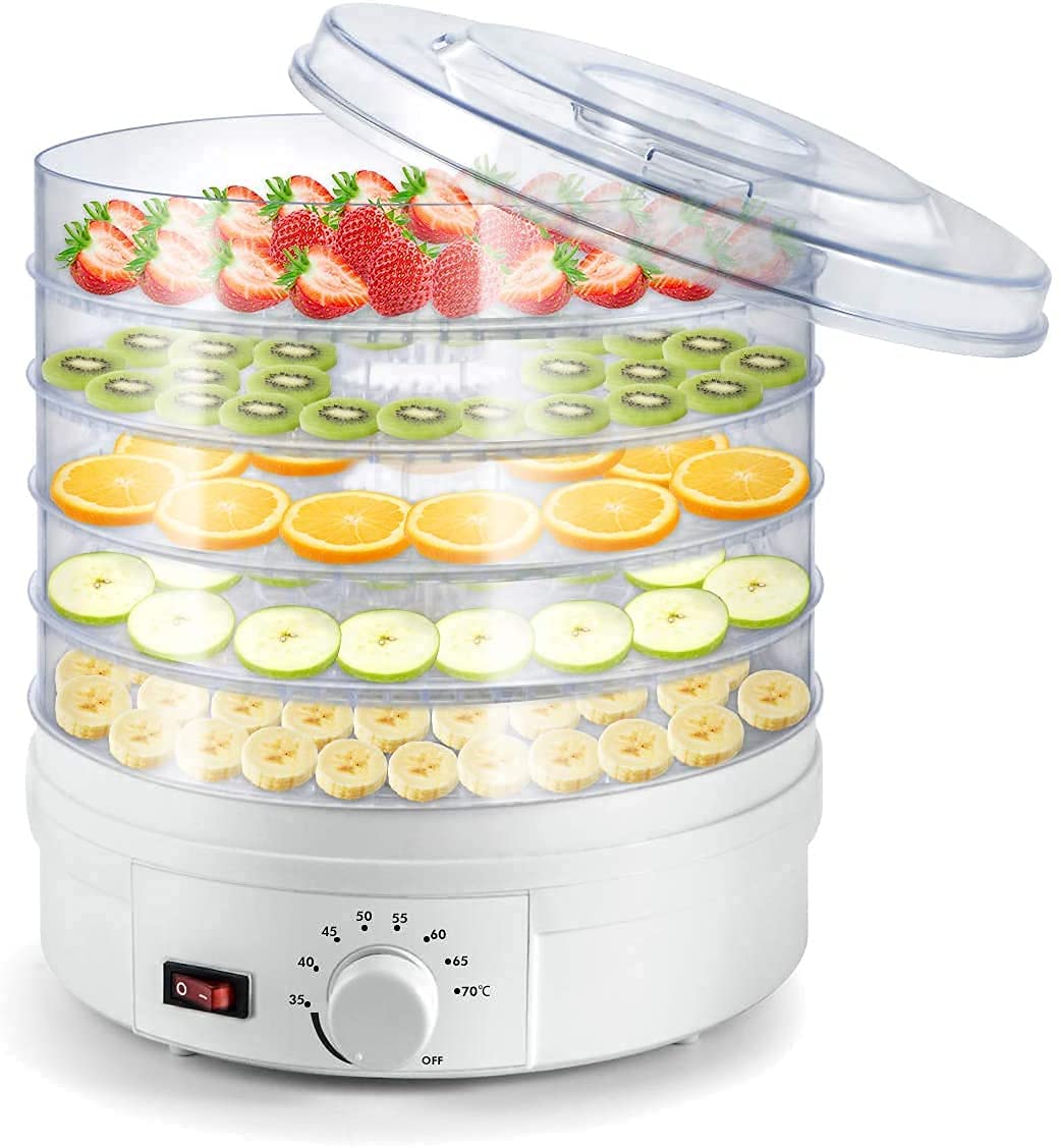 HARIRUP Electric Food Dehydrator, 5 Trays, Fruit Dryer Machine Home Temperature Control 35-70°C, White