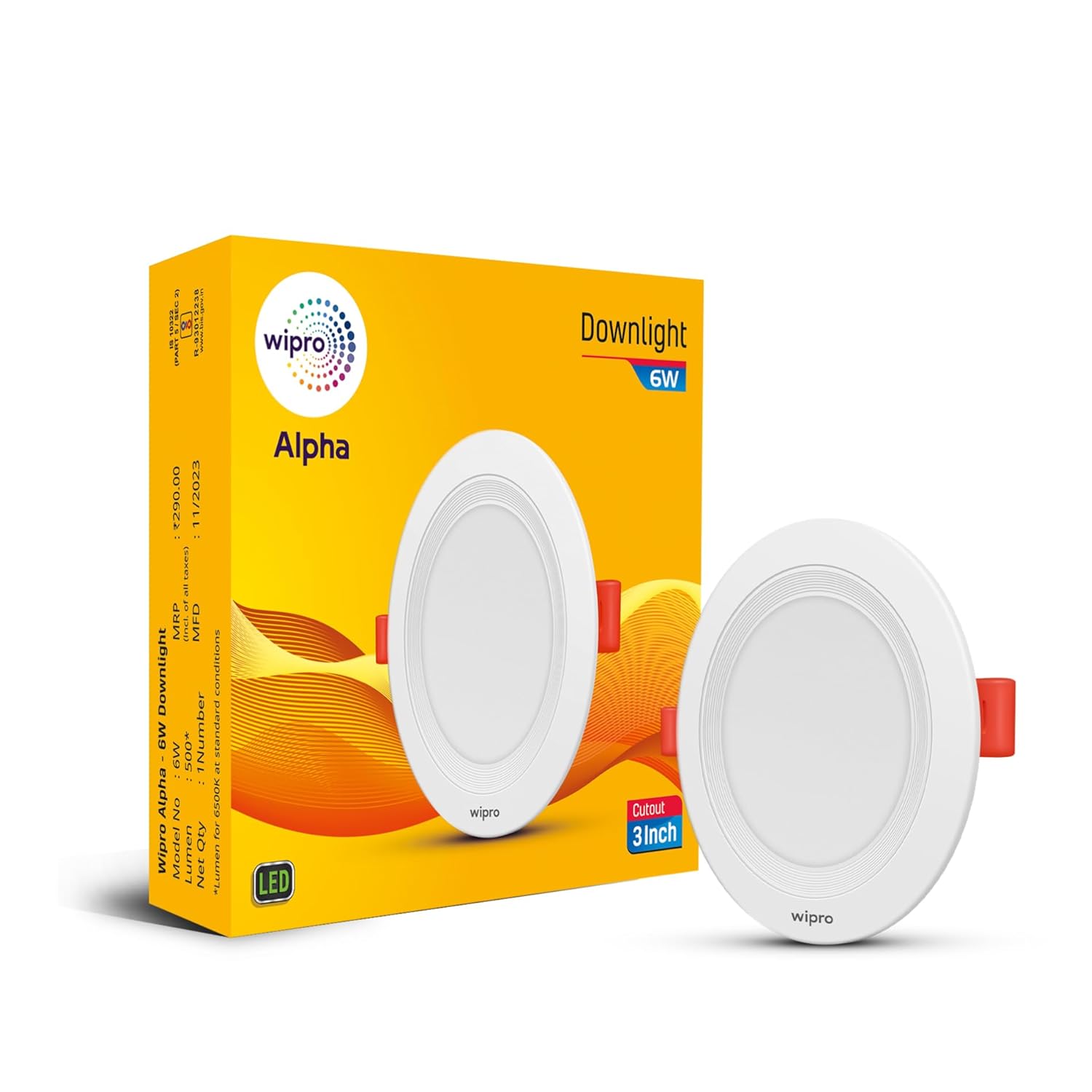 wipro Acrylonitrile Butadiene Styrene 6W Alpha Downlight for Junction Box,Neutral White(4000K),3 inch Cutout,22mm Height,Surge Protection Upto 350 VA,High Voltage Protection Upto 4KV,Pack of 1