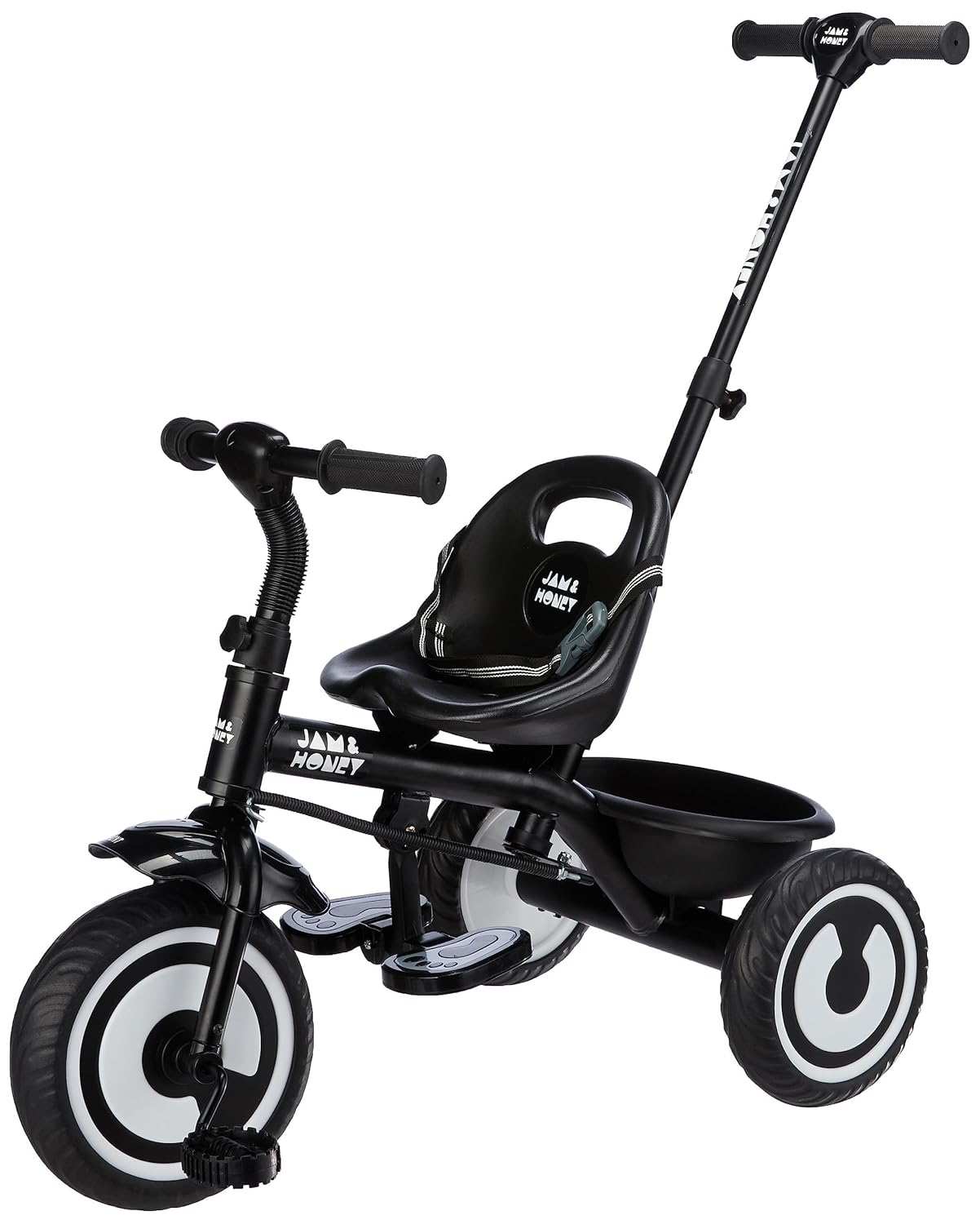 Amazon Brand - Jam & Honey Tricycle for Kids | Seatblet, Parental Handle, & Storage Basket | ISI & BIS-Compliant | for Boys and Girls 2 to 4 Years | 73 x 46 x 90 cm | Black