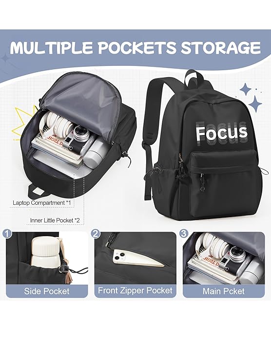 Glowic Focus Motivational Backpack – Sleek Black Bag Work, Study, Travel with Laptop & Gadget Support for Unisex
