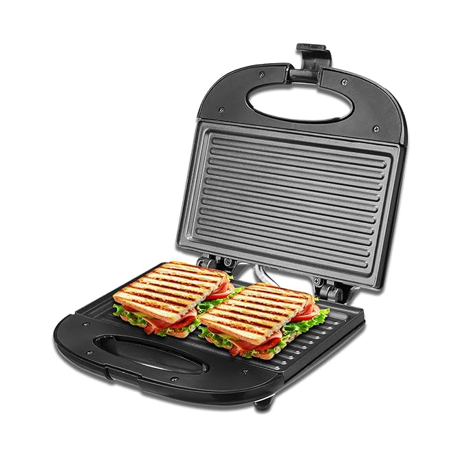 Amazon Basics 800W Electric Sandwich Grill | Non-Stick Die Cast Aluminium Plates | Auto Temp Control | Grills Sandwiches, Bread & Kebabs (Black)