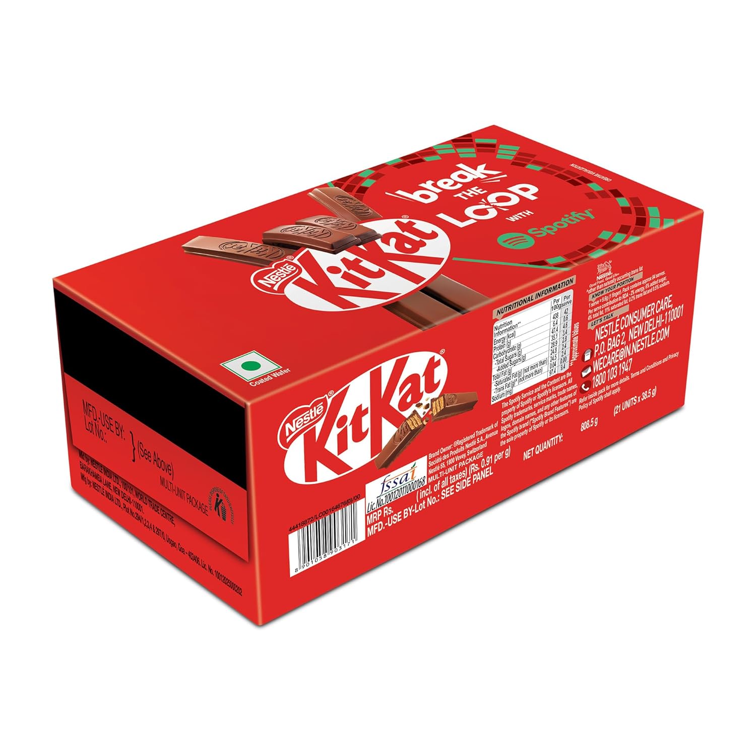 KIT KAT Nestle 4 Fingers Choco Coated Wafer Bar with Spotify, (21 Units X 38.5g) ,808.5g