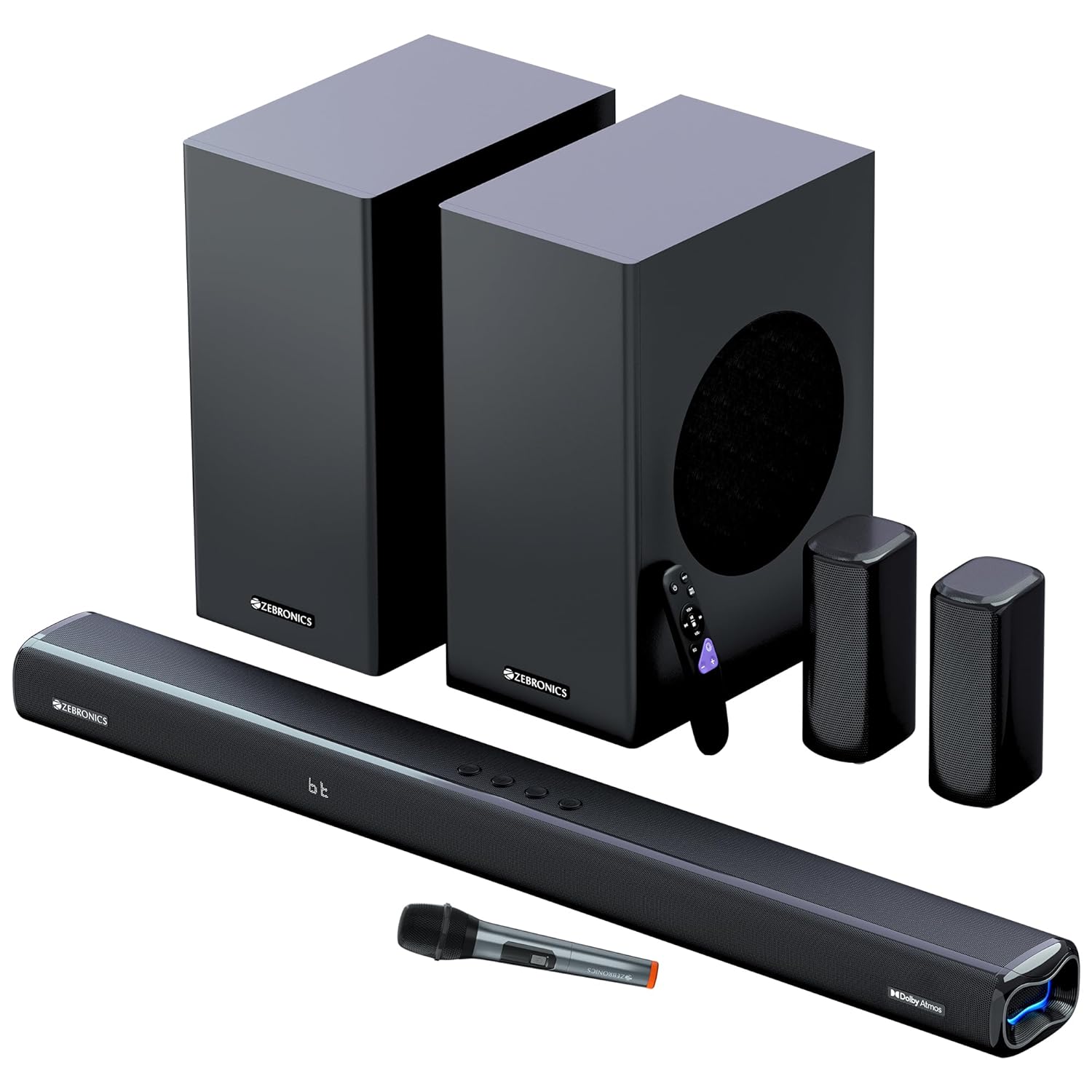 ZEBRONICS New Launch Juke BAR 9850 7.2.2 CH, 725 Watts, Dolby Atmos, HDMI eARC, Optical, Dual Wireless (Subwoofer + Satellites), Wireless UHF Microphone, RGB LED, Powerful Bass