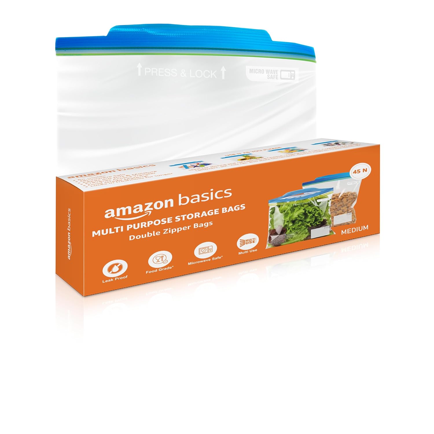 Amazon Basics - Multipurpose Zip Lock Storage Bags | 45 Bags | Medium | 26 x 28 cm | Reusable and Reclosable with Double Zipper | Material Plastic | Leak- Proof | Food Grade | Microwave Safe