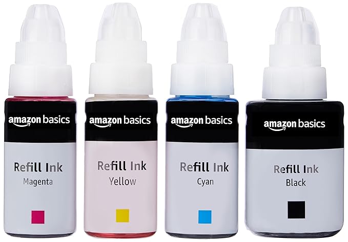 amazon basics GI 790 Ink Refill for Canon PIXMA G1000, G1010, G1100, G2000, G2002, G2012, G2100, G3000, G3010, G3012, G3100 Printers Ink|Perfect Compatibility|Leak-Proof (Black, Yellow, Cyan, Magenta)