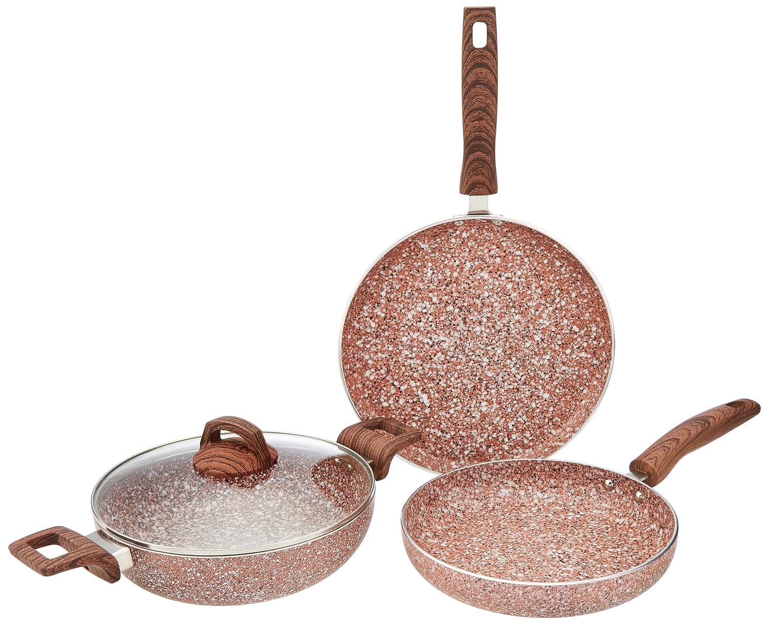 amazon basics Granite Finish Aluminium Non-Stick Induction Base Cookware | Set of 3 | 24cm Fry Pan, 24 cm Kadai, 28cm Tawa | Rust Granito | Rust